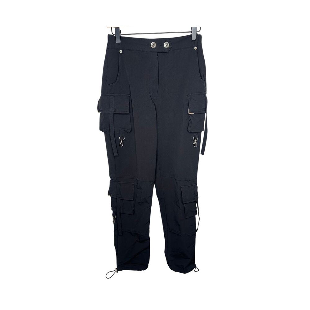 Maniere De Voir Cargo Pants Women 10 Black Silver Hardware Utility Bungee Toggle